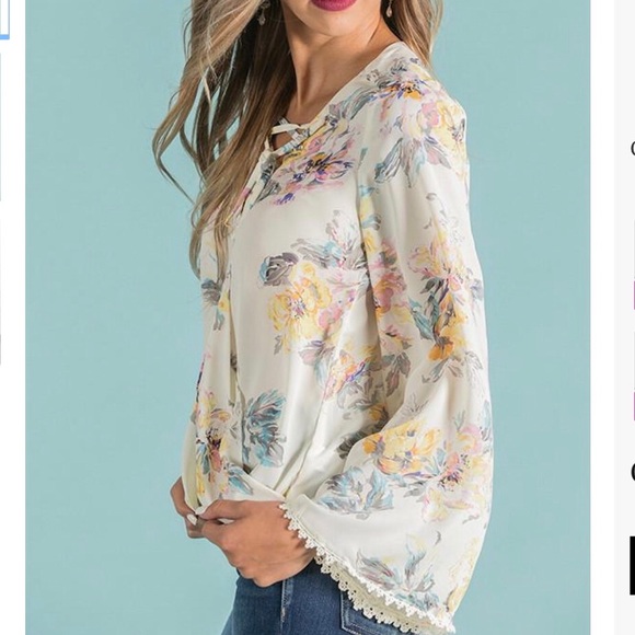 Umgee Tops - Umgee Off White Floral Top with Bell Sleeves
